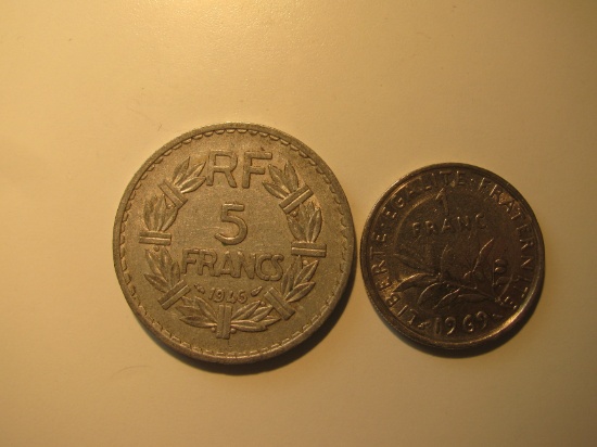 Foreign Coins:  1946 France 5 Francs & 1969 1 Franc