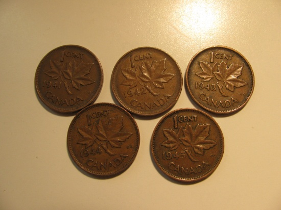 Foreign Coins:  WWII 1941 - 1945 five Canada 1 Cents