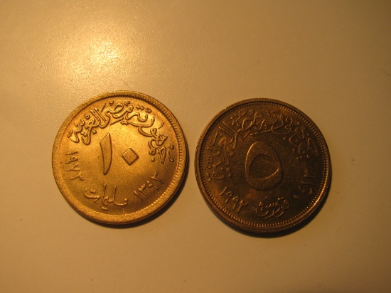 Foreign Coins:  1973 Egypt 10 & 1992 5 unit coins