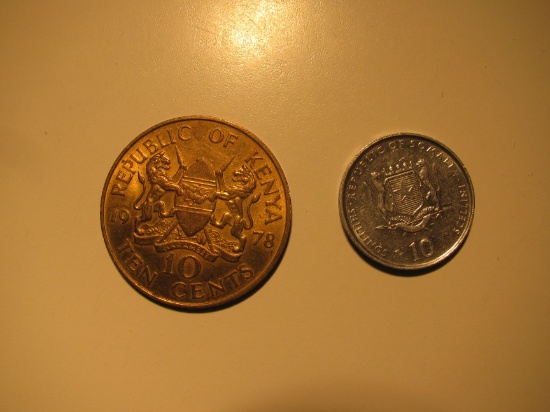 Foreign Coins:  1978 Kenya 10 Cents & Somalia 10 Shillings