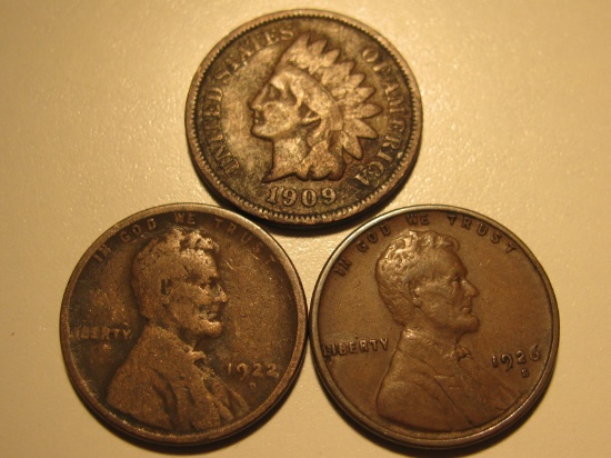 1909 Indian Head, 1922-D & 1926-S Wheat Pennies