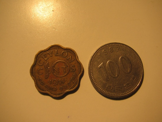 Foreign Coins:  WWII 1944 Ceylon 10 Cents & 1987 Korea 100 Won