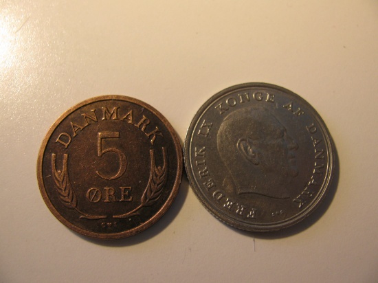 Foreign Coins:  1969 Demark 5 Ore & 1972 1 Krone
