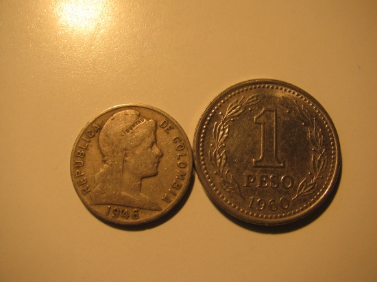 Foreign Coins:  1946 Colombia 5 Centavos & 1960 Argentina 1 Peso