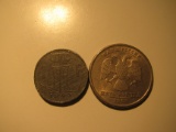 Foreign Coins: WWII 1943 Belgium 1 Franc & 1998 Russia 5 Rubles