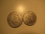 Foreign Coins:  1946 France 2 Francs & 1964 1 Franc