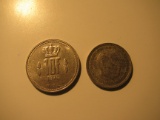 Foreign Coins: 1976 Luxemburg 10 Francs & 1953 Spian 5 Ptas