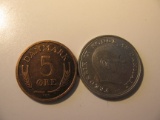 Foreign Coins:  1969 Demark 5 Ore & 1972 1 Krone
