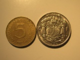 Foreign Coins:  1982 Yugoslavia 5 Dinara & 1970 Belgium 10 Francs