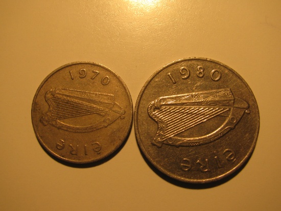 Foreign Coins:  Ireland 1970 5 & 1980 10 Pences