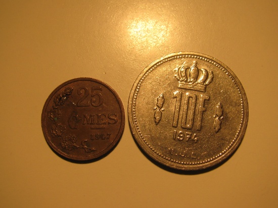 Foreign Coins:  Luxemburg 1947 25 Centimes & 1974 10 Francs