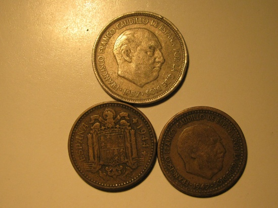 Foreign Coins:  WWII 1944 Spain 1, 1947 1 & 1957 5 Pestas