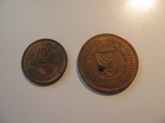 Foreign Coins:  1955 Cyprus 3 Mills & 1963 5 unit coins