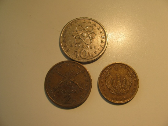 Foreign Coins:  Greece 1960 2, 1973 1 & 1984 10 Drachmas