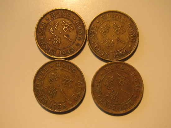 Foreign Coins:  Hong Kong 1948, 1950, 1955 & 1975  10 Cents