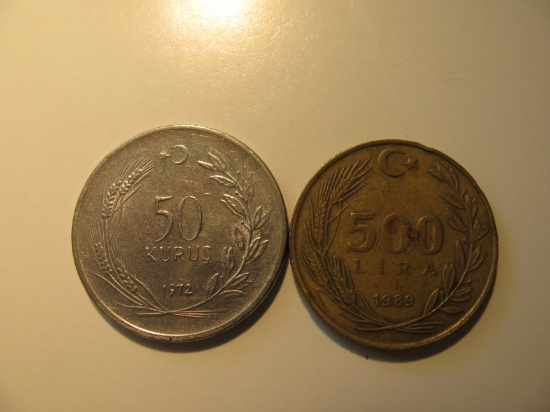 Foreign Coins: Turkey 1972 50 Kurus & 1989 500 Lira