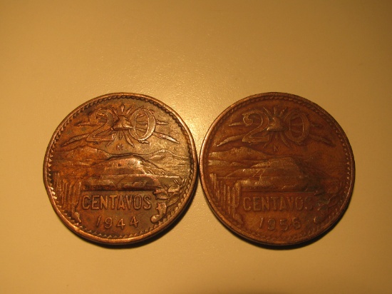 Foreign Coins:  Mexico 1944 (WWII) & 1956 20 Centavos