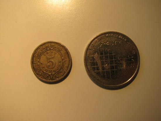 Foreign Coins: 1937 Mexico 5 Centavos & 2004  Jordan 10 Dinars