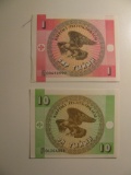 Foreign Currency: Kyrgyzstan 1 & 10 unit notes (UNC)