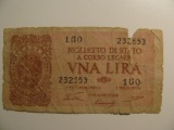 Foreign Currency: WWII 1944 Italy 1 Lire (Damaged)