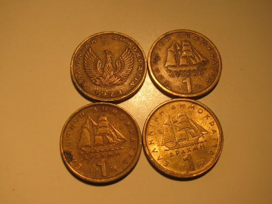 Foreign Coins:  Greece 1973, 76, 78 & 82 1 Drachmas