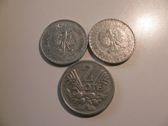 Foreign Coins: Poland 1958 2 &, 1974 +1976 1 Zlotes