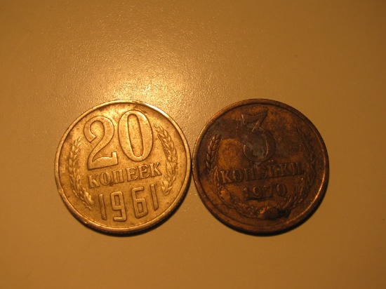 Foreign Coins:  Russia / USSR 1961 20 & 1970 3 Kopeks