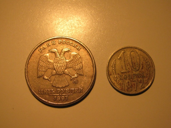 Foreign Coins:  Russia / USSR 1972 10 Kopeks & 1997 5 Rubels