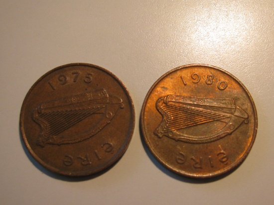 Foreign Coins:  Ireland 1975 & 1980 2 Pences