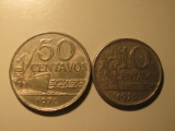 Foreign Coins: 1970 Brazil 10 & 50 Centavos