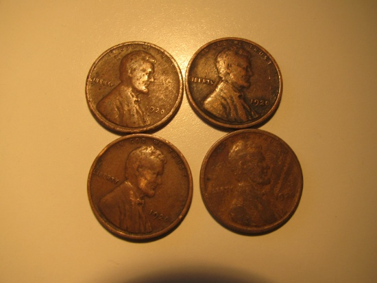 US Coins: 4x1920 Wheat Pennies