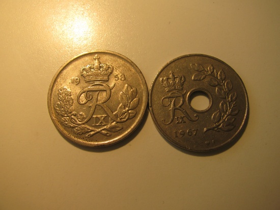 Foreign Coins:  Denmark 1968 & 1967 25 Ores