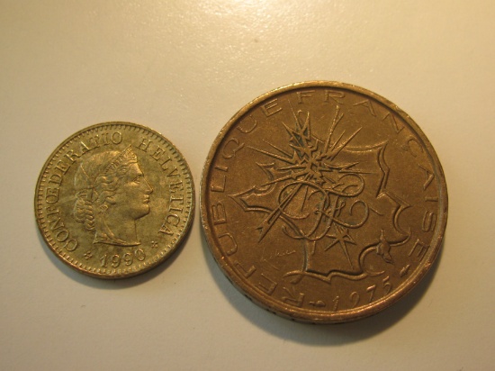 Foreign Coins: 1975 Belgium 10 Francs & 1990 Switzerland 5 Rappen