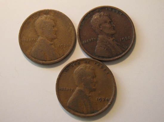 US Coins: 2x1920 & 1x1924 Wheat Pennies