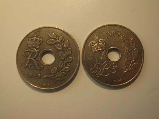 Foreign Coins:  Denmark 1968 & 1985 25 Ores