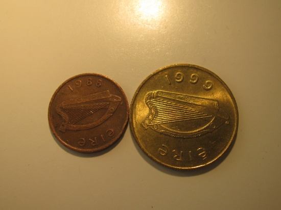 Foreign Coins:  Ireland 1988 1 & 1999 20 Pences