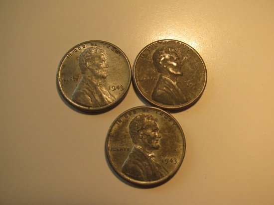 US Coins: 3x 1943 Steel pennies