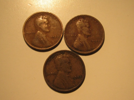 US Coins: 3x1923 Wheat pennies