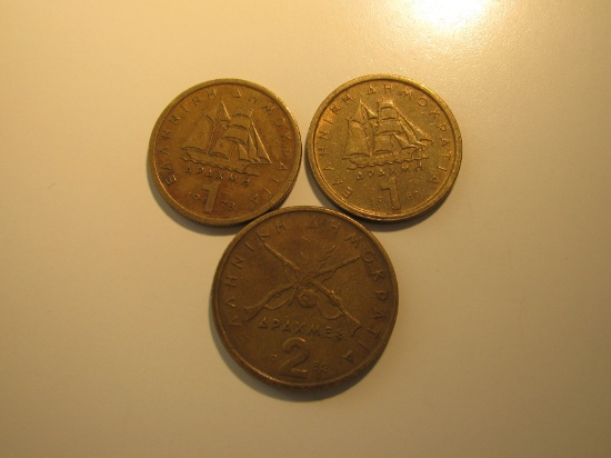 Foreign Coins:  Greece 1978&1980 1 + 1982 2 Drachmas