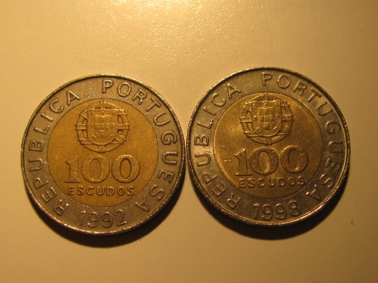 Foreign Coins:  Portugal 1992 & 1998 100 Escudos