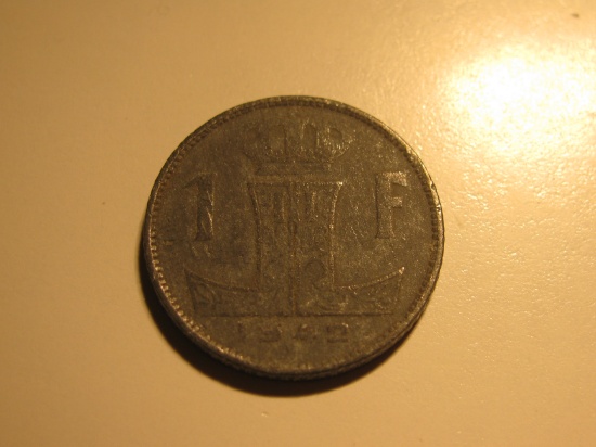 Foreign Coins: WWII 1942 Belgium 1 Franc