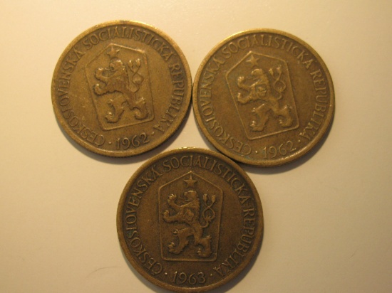 Foreign Coins:  2x1962 & 1x1963 Czechoslovakia 1 unit coins