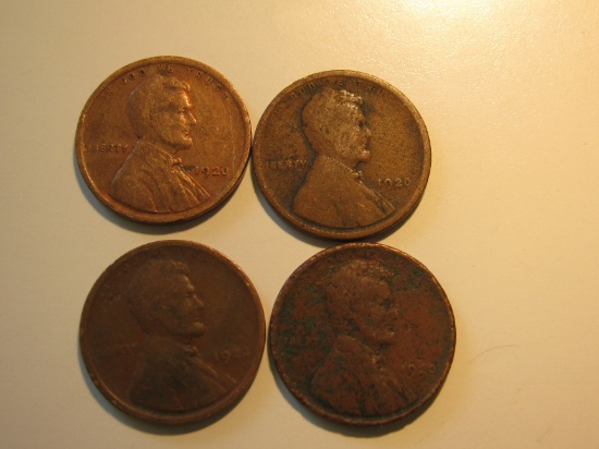 US Coins: 4x1920 Wheat Pennies