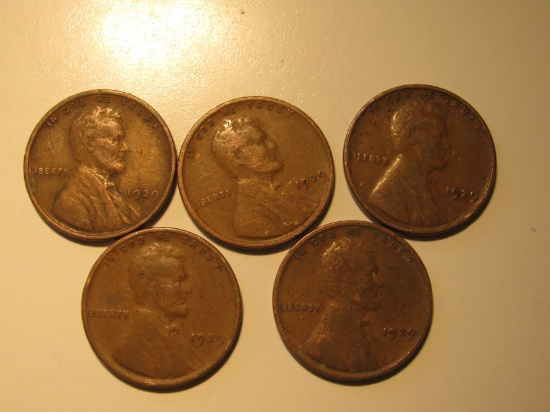 US Coins: 5x1929 Wheat pennies