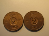 Foreign Coins: Sweden 1957, 1965 2 Ores