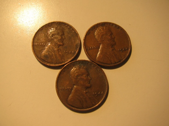US Coins: 3x1944 Wheat pennies