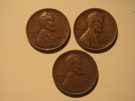 US Coins: 3x1944-S Wheat pennies