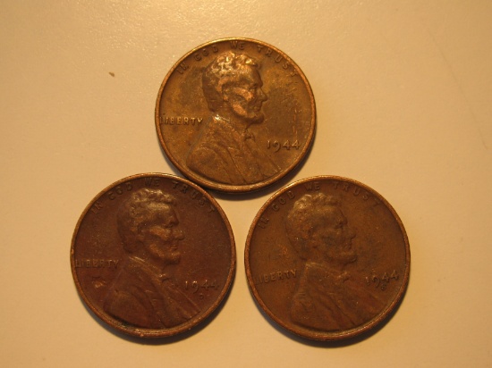 US Coins: 1944, 1944-D & 1944-S Wheat pennies