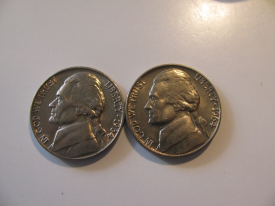 US Coins: 2x1964 BU/Clean 5 Cents