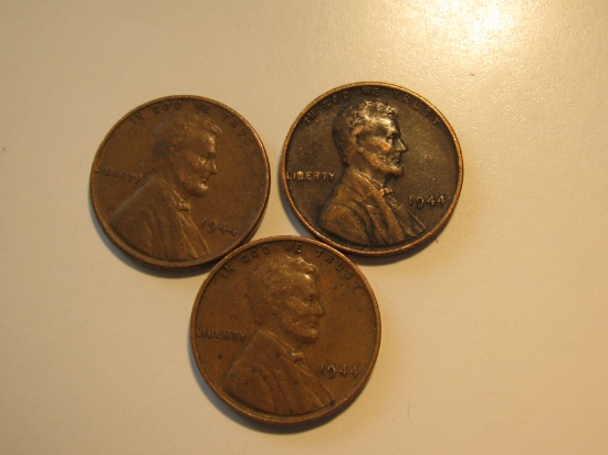 US Coins: 3x1944 Wheat pennies